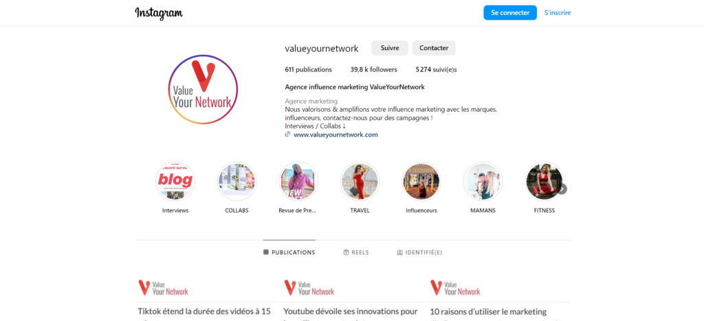 Compte instagram ValueYourNetwork