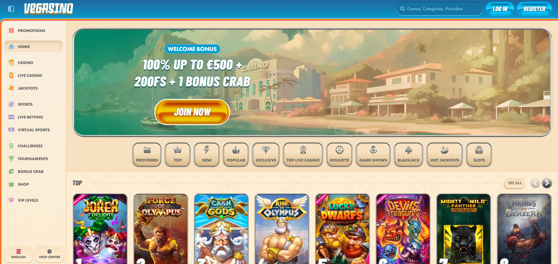 Interfaccia del sito web di Vegasino che mostra la homepage con giochi e promozioni