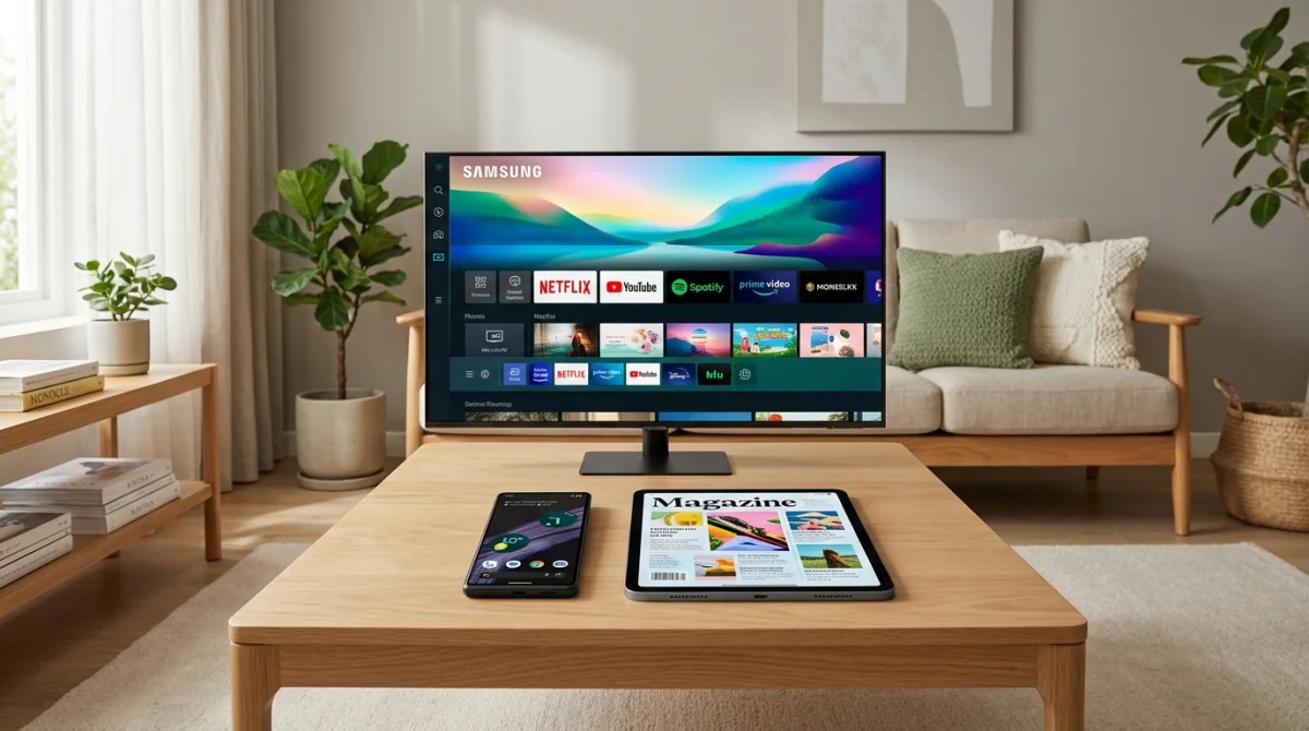 Smart TV, tablette et smartphone disposés sur une table basse dans un salon moderne pour King IPTV Pro.