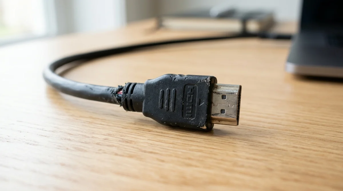 Câble HDMI défectueux avec gaine abîmée et connecteur métallique éraflé posé sur un bureau en bois.