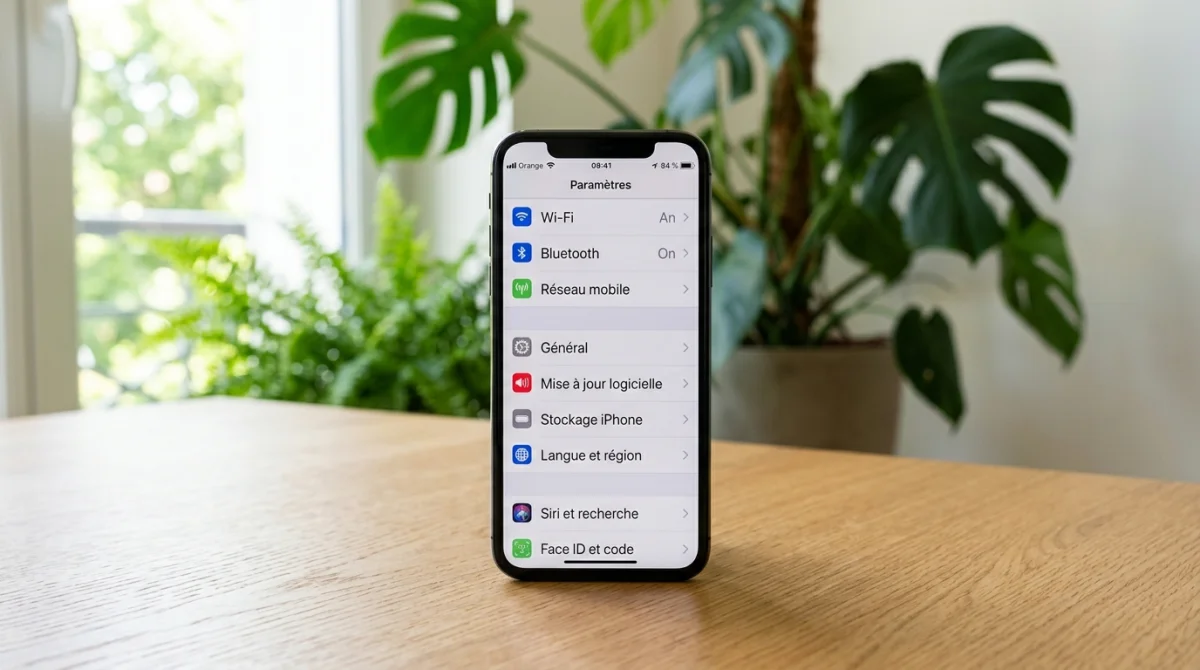 Smartphone moderne posé sur une table affichant le menu Langue et région pour mettre son téléphone en anglais.