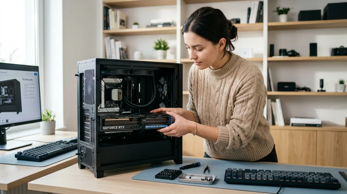 Personne installant une carte graphique moderne dans un boîtier PC pour illustrer comment choisir sa carte graphique.