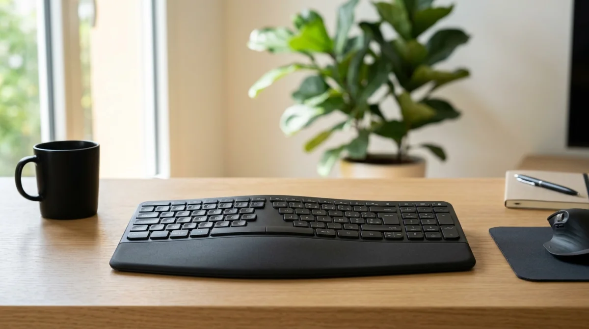 Clavier AZERTY moderne et ergonomique posé sur un bureau minimaliste avec une plante verte en arrière-plan.