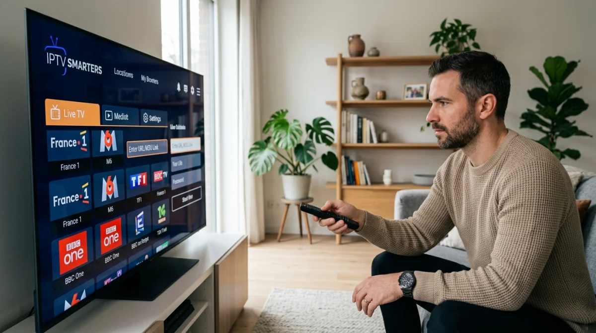 Personne utilisant une télécommande pour configurer l'URL IPTV sur l'interface d'une smart TV dans un salon moderne.