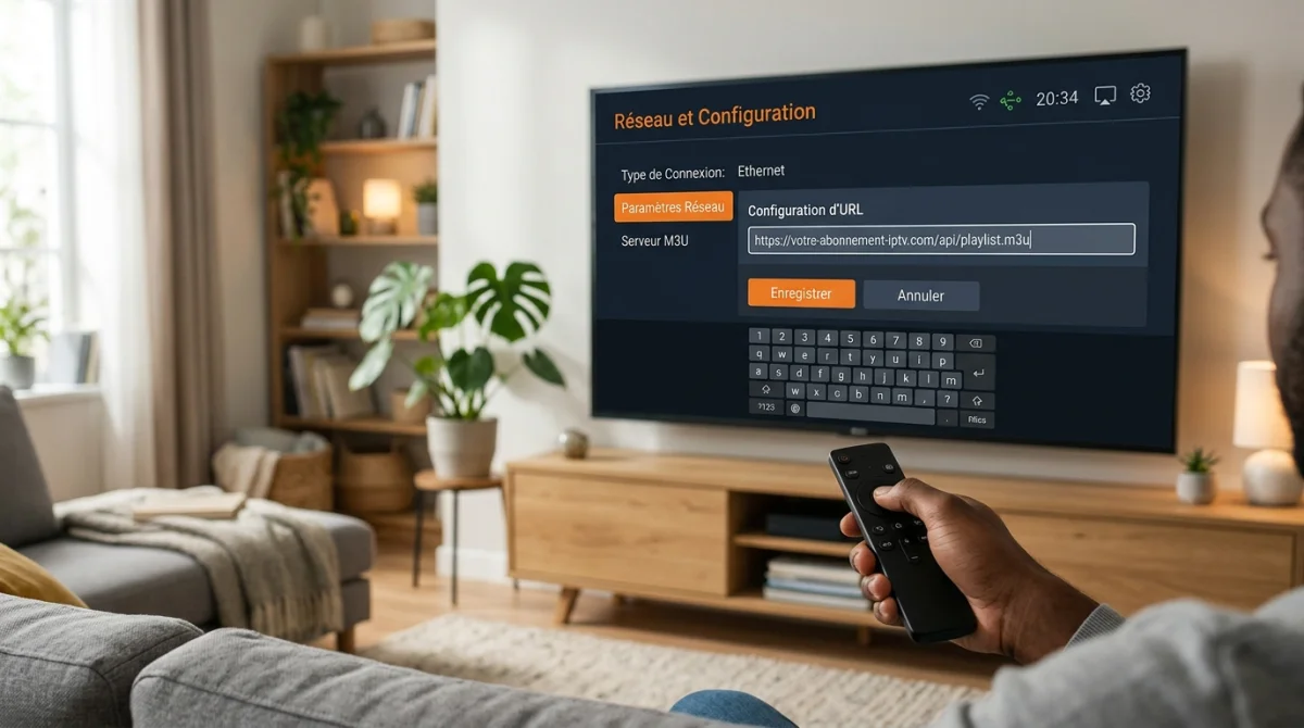 Personne utilisant une télécommande pour configurer l'URL IPTV dans le menu des paramètres sur une télévision moderne.