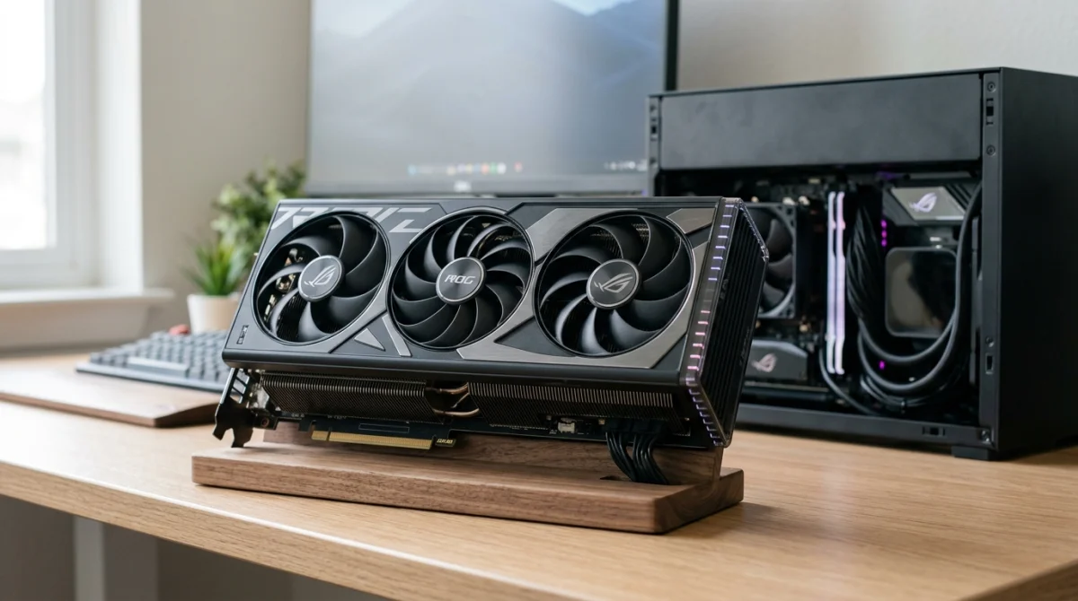 Carte graphique gaming haute performance posée sur un support en bois pour illustrer comment choisir sa carte graphique.