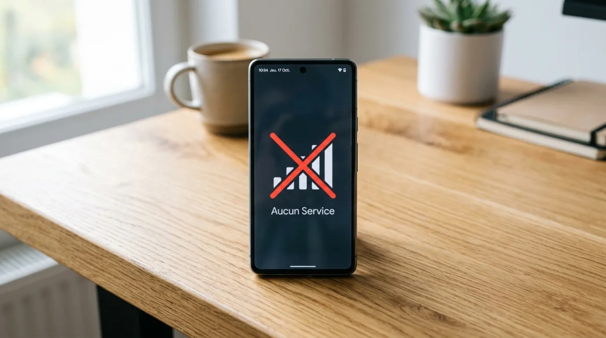Smartphone moderne sur bureau en bois affichant une icône de réseau barrée pour savoir comment deblacklister un téléphone.