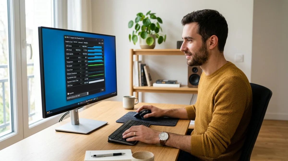 Personne consultant les caractéristiques de sa carte graphique sur un logiciel d'analyse technique affiché à l'écran.