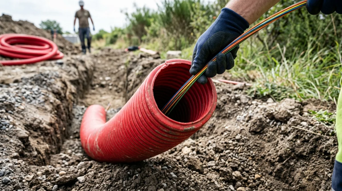Main insérant un câble de fibre optique dans une gaine TPC rouge pour illustrer le diamètre nécessaire.
