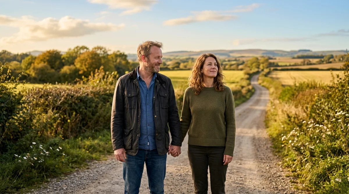 Un couple soulagé se tenant la main sur une route ensoleillée, illustrant comment se termine le film Pour elle.