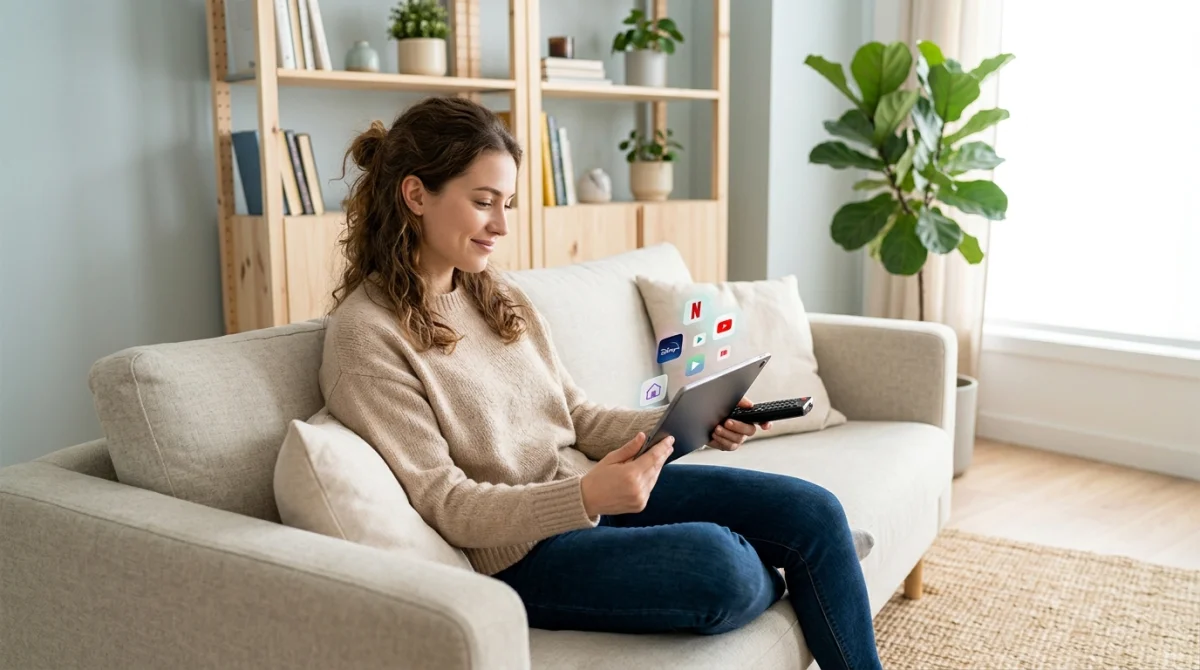 Personne détendue sur un canapé utilisant une tablette et une télécommande pour illustrer comment fonctionne l'IPTV moderne.