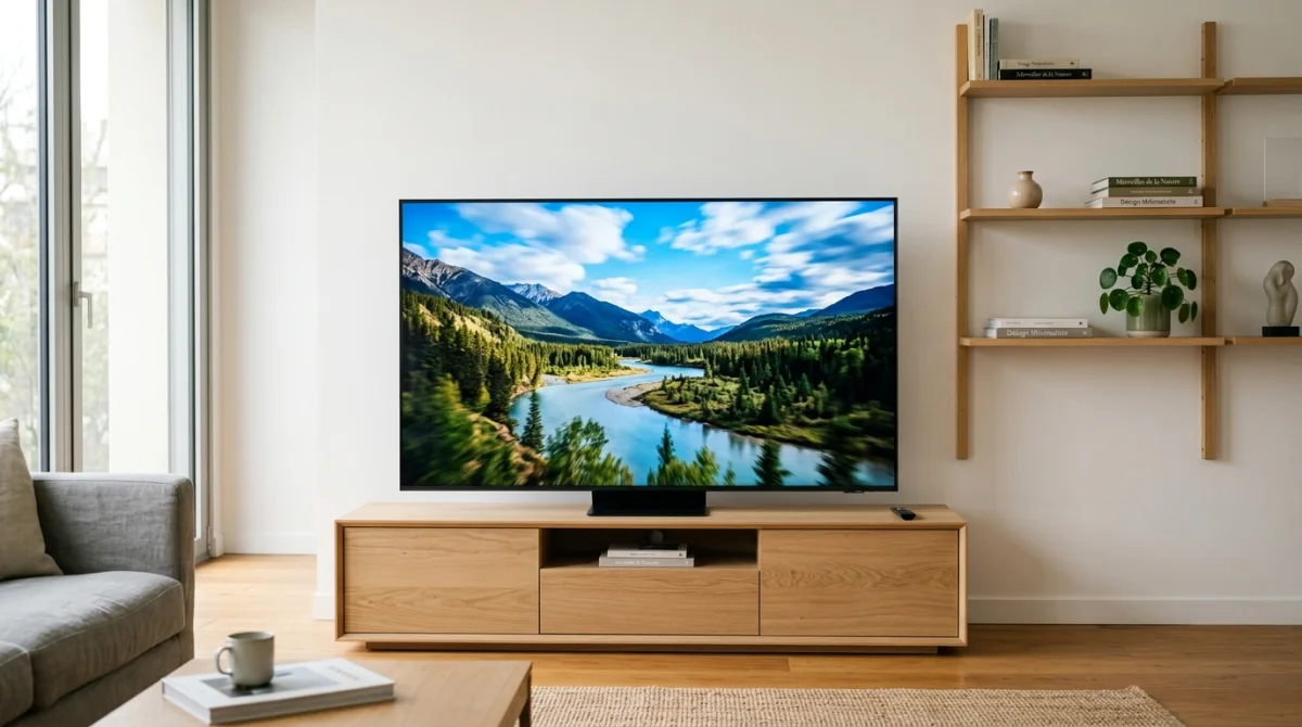 Télévision moderne dans un salon épuré illustrant comment fonctionne l'IPTV avec un flux vidéo fluide et dynamique.