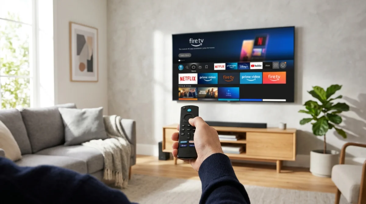 Personne utilisant une télécommande Fire TV Stick pour apprendre comment installer IPTV sur un téléviseur moderne.