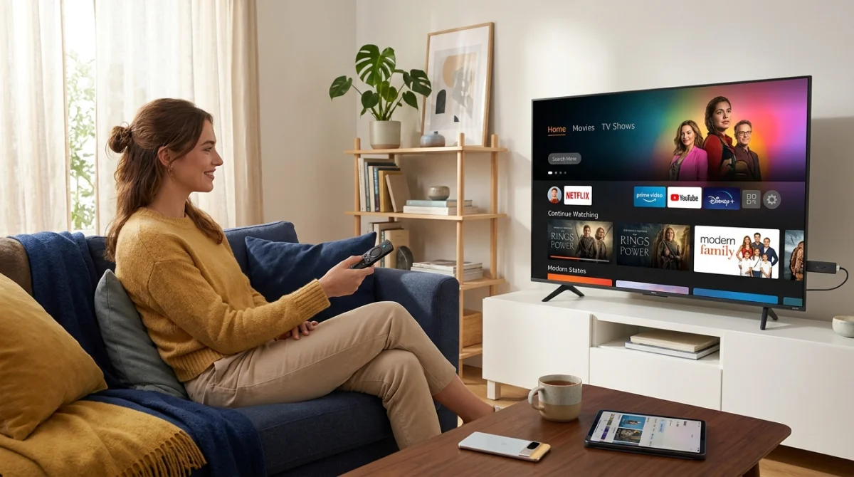 Personne détendue utilisant Elon IPTV sur une Smart TV dans un salon contemporain et épuré.