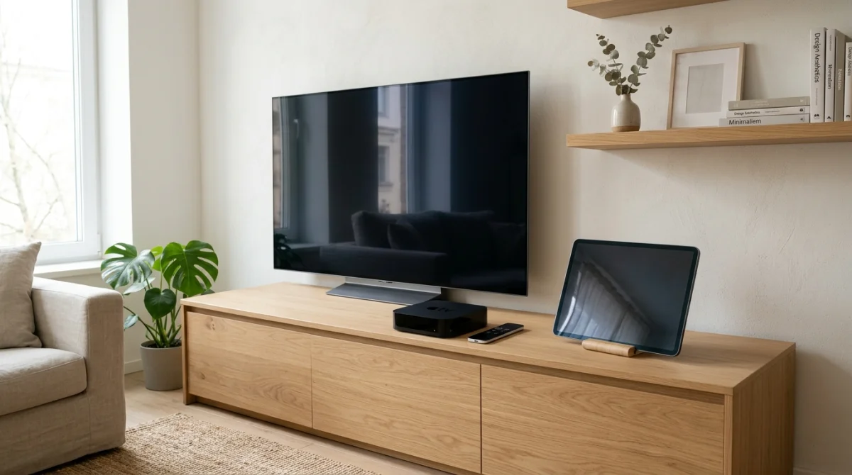 Smart TV, tablette et box multimédia pour le service Orca IPTV dans un salon moderne et épuré.