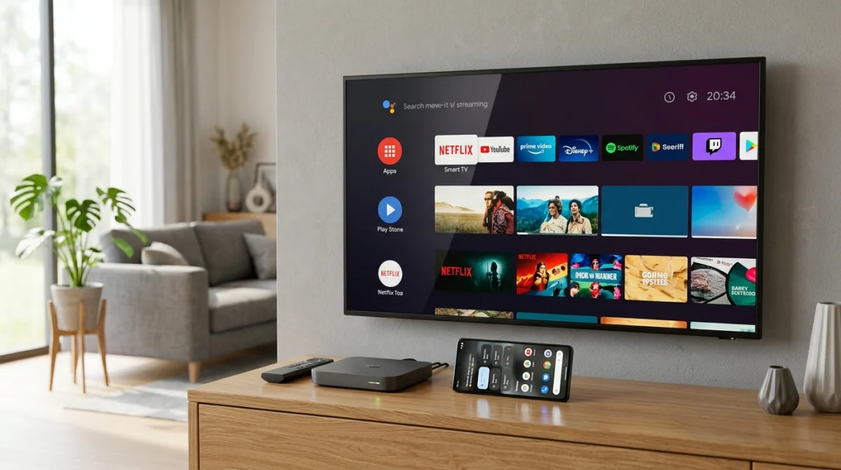 Smart TV, Android Box et smartphone alignés sur un meuble en bois pour le service Majestic IPTV.