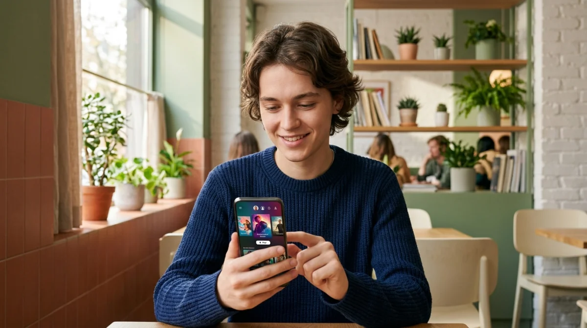 Jeune personne utilisant un smartphone dans un café urbain, illustrant une interface fluide sur un site comme Betify.