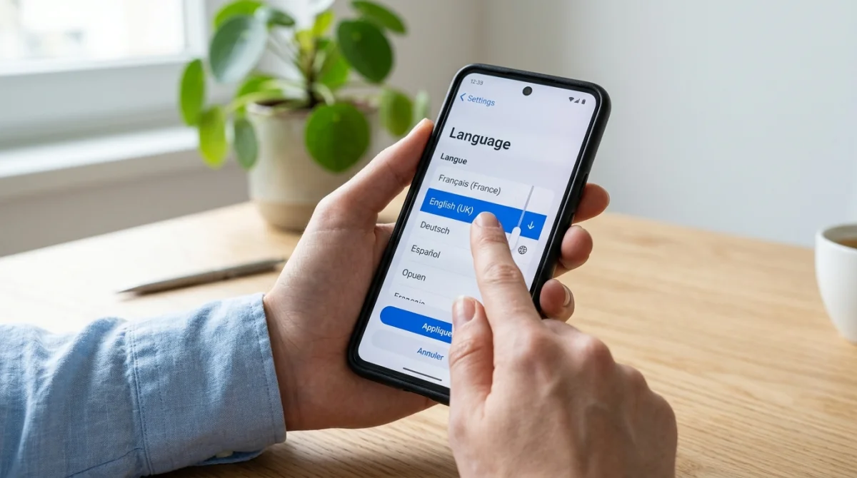 Main tenant un smartphone pour sélectionner la langue anglaise dans les paramètres, illustrant comment mettre son téléphone en anglais.