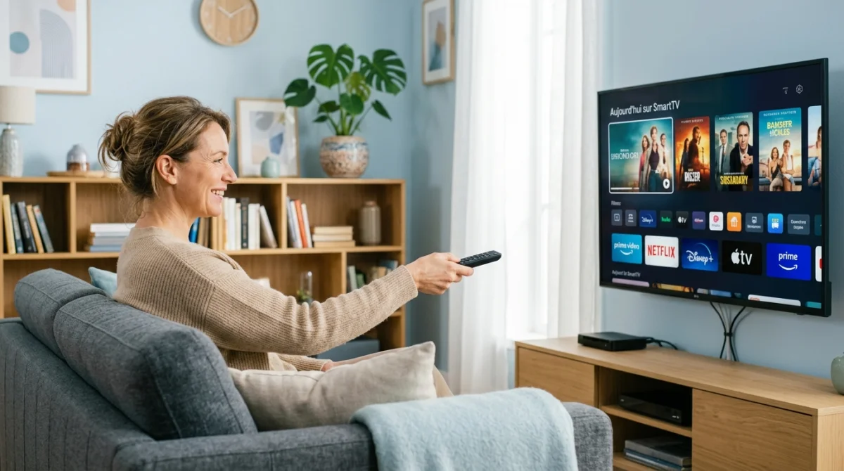 Personne détendue utilisant une télécommande devant un téléviseur dans un salon lumineux pour profiter de Relax IPTV.