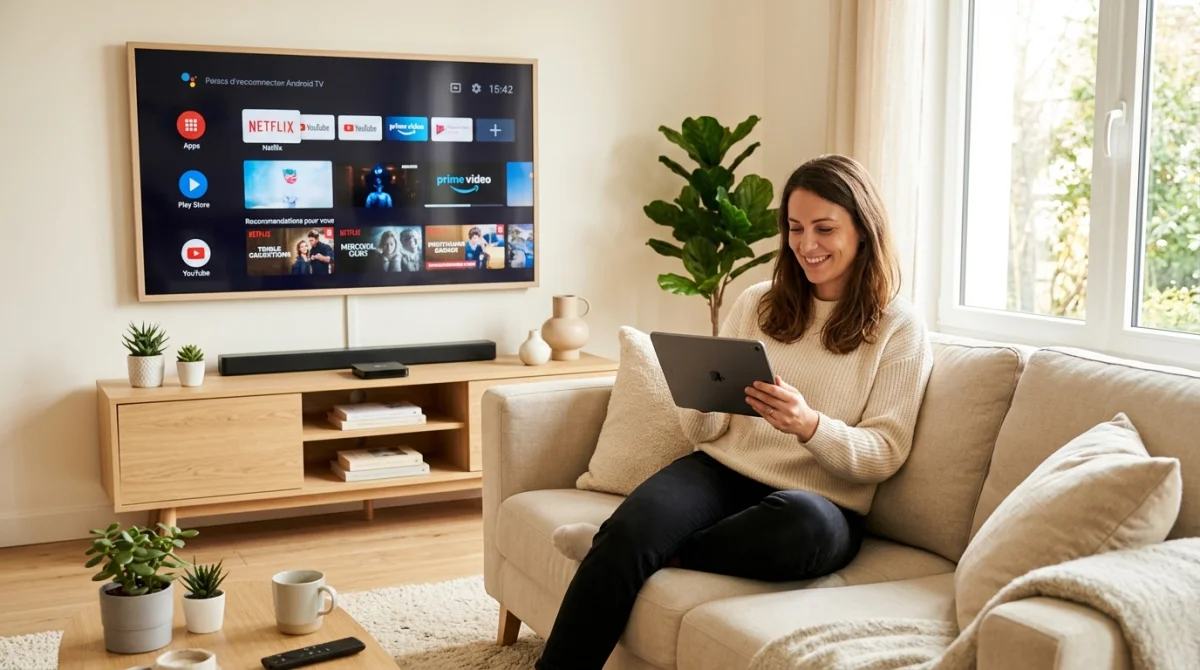 Personne détendue utilisant une tablette dans un salon moderne avec interface Relax IPTV sur écran mural.