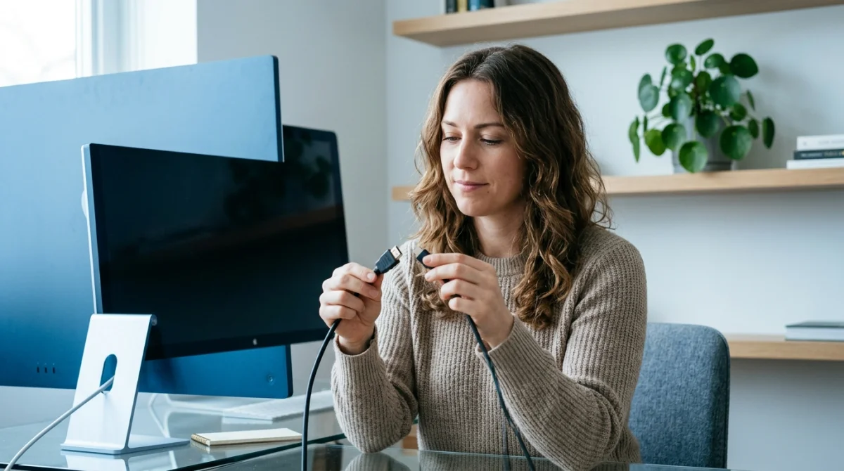 Personne tenant un câble HDMI défectueux devant un ordinateur sur un bureau moderne et minimaliste.