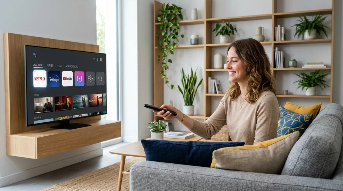 Personne souriante utilisant une télécommande devant un écran TV pour profiter du service euro iptv dans un salon.