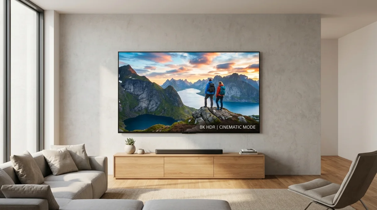 Télévision moderne à écran plat affichant une image haute définition dans un salon minimaliste pour Elon IPTV.