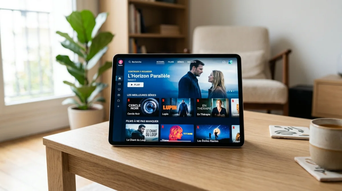 Tablette moderne affichant une interface de streaming euro iptv intuitive dans un salon contemporain lumineux.