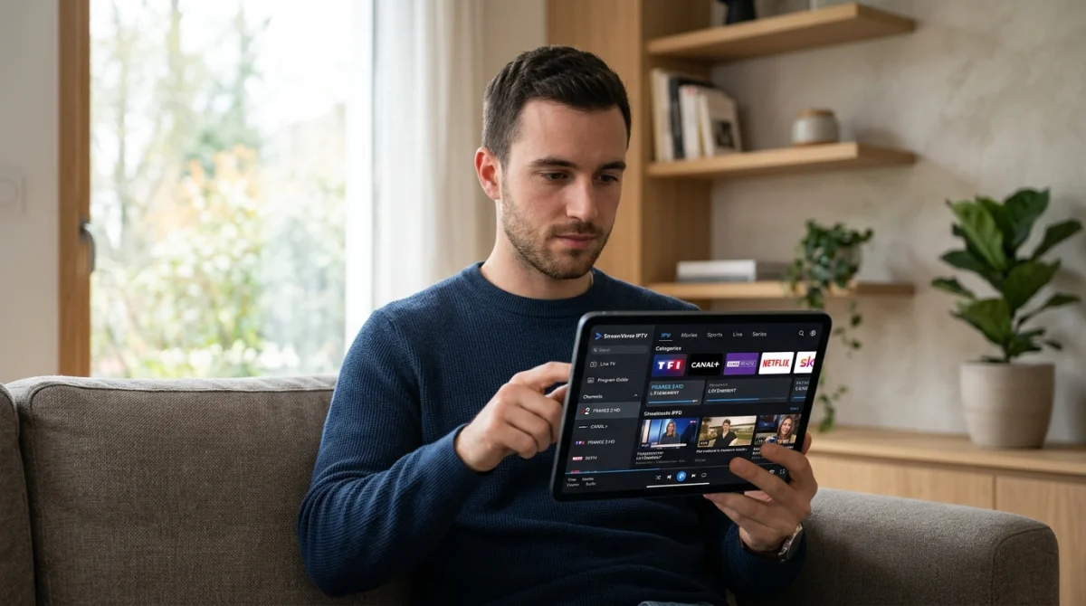 Utilisateur consultant une interface de streaming sur tablette dans un salon moderne pour le service TVSpeedy IPTV.