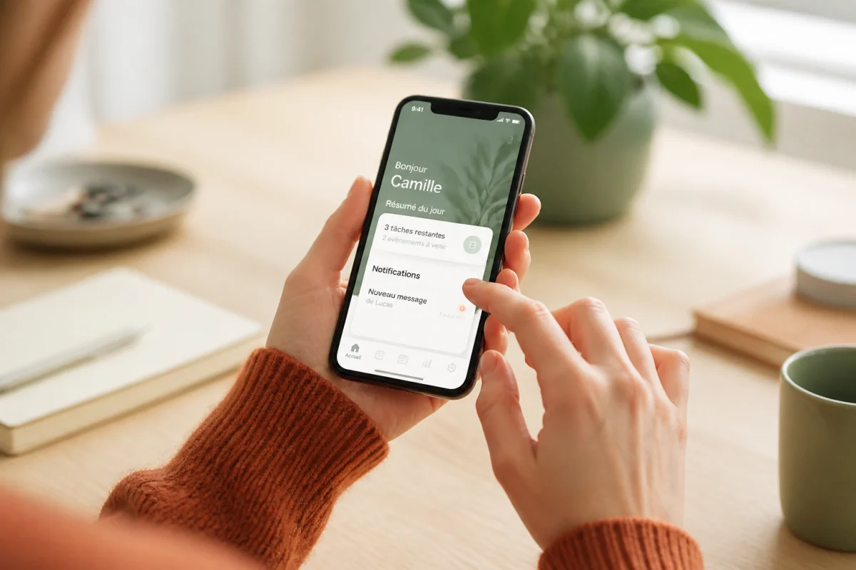 Mains touchant l'écran d'un smartphone sur un bureau pour illustrer comment allumer un téléphone sans bouton d'allumage.