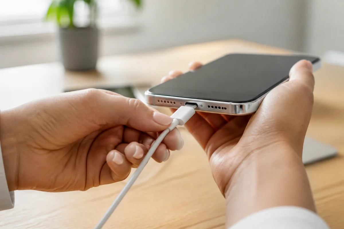 Mains branchant un câble de charge sur un smartphone pour expliquer comment allumer un téléphone sans bouton d'allumage.