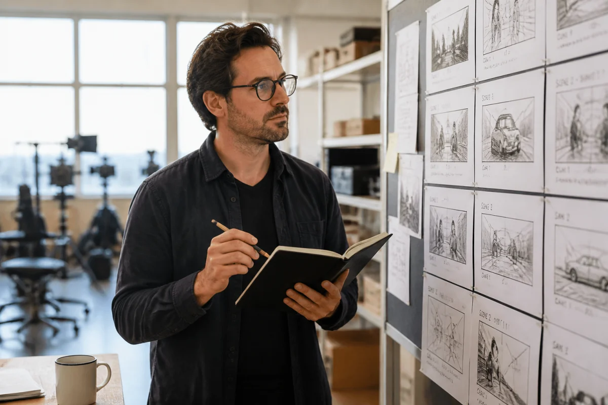 Réalisateur concentré étudiant des storyboards dans un studio de production pour apprendre comment créer un film.