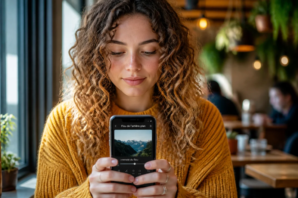Jeune femme en pull moutarde utilisant une application sur smartphone pour flouter une photo dans un café.