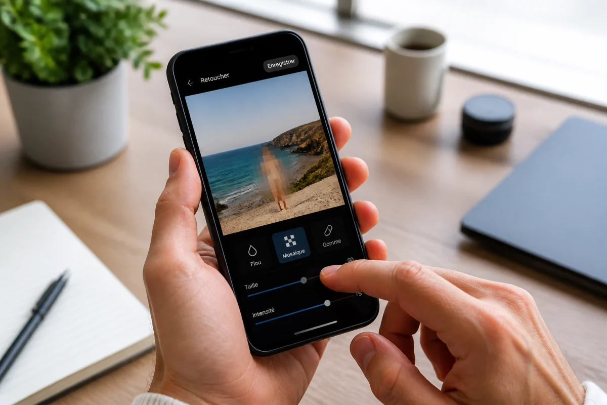 Gros plan sur des mains utilisant un smartphone pour retoucher et flouter une photo sur l'écran tactile.