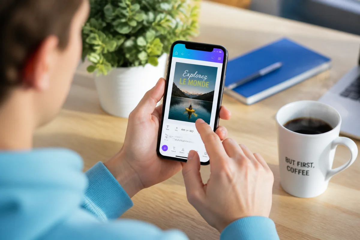 Jeune créateur utilisant une application de montage sur smartphone pour concevoir une miniature YouTube sur un bureau lumineux.