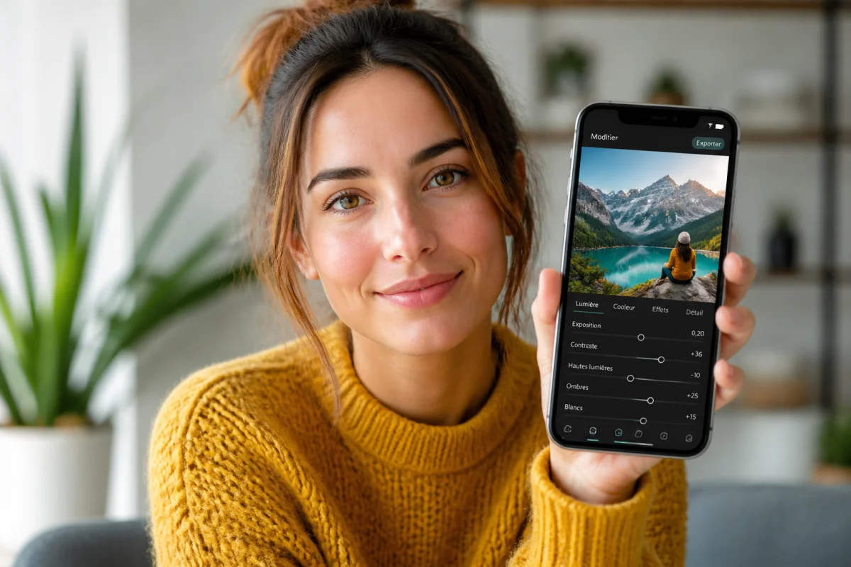 Jeune créatrice utilisant son smartphone pour concevoir une miniature YouTube dans un espace de travail lumineux et moderne.