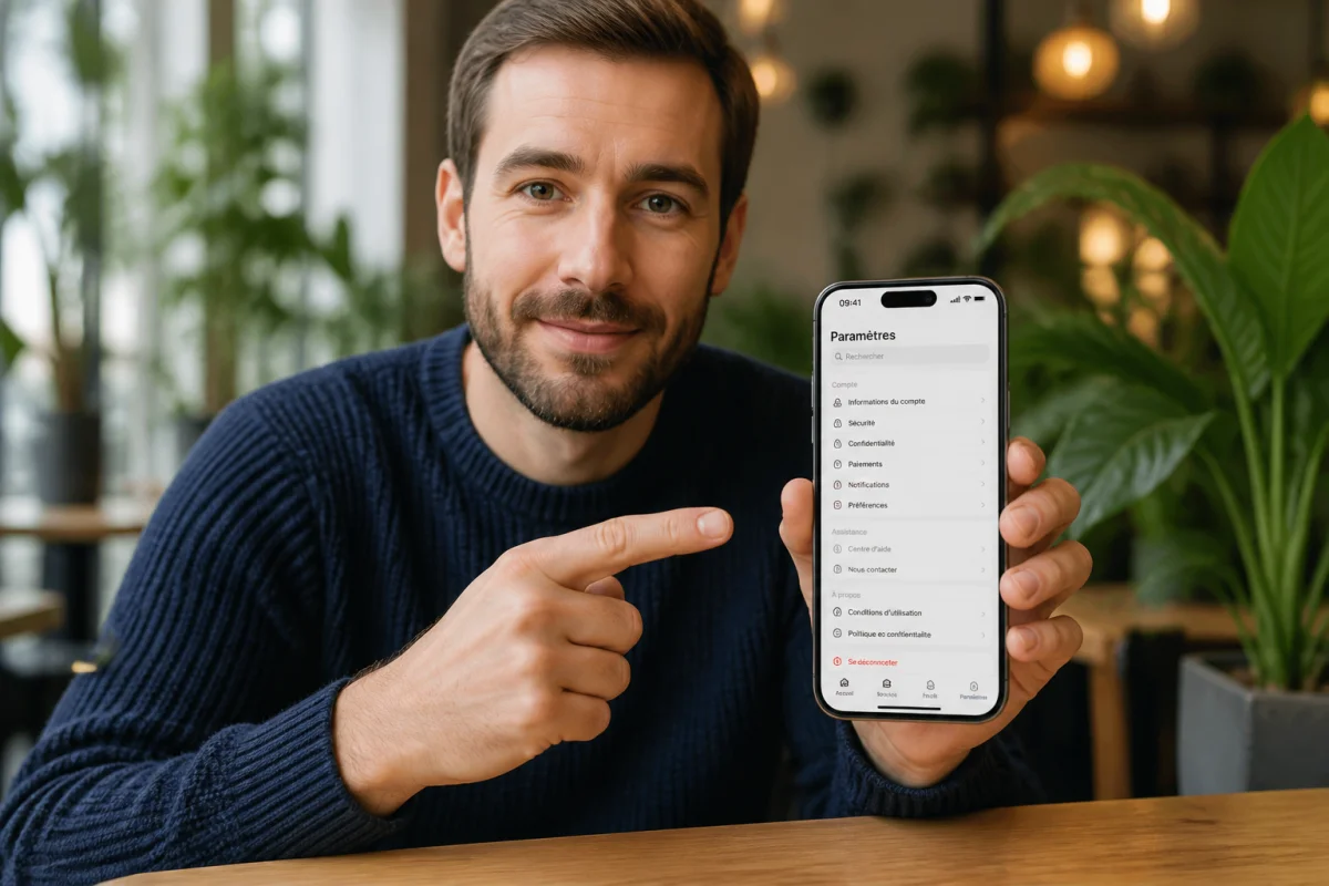 Personne utilisant son smartphone dans un café pour expliquer comment déconnecter un compte Google sur téléphone.