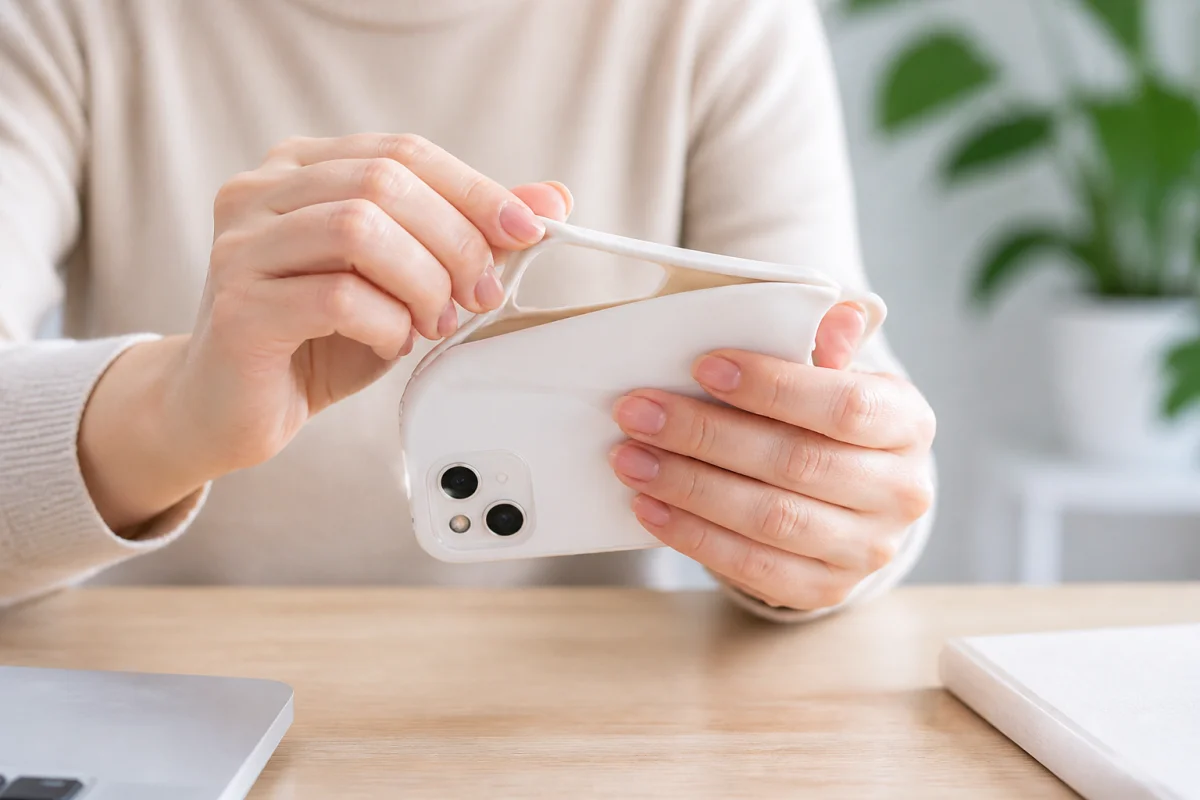 Gros plan d'une personne retirant la coque d'un smartphone moderne pour expliquer comment enlever le mode sécurisé Samsung.