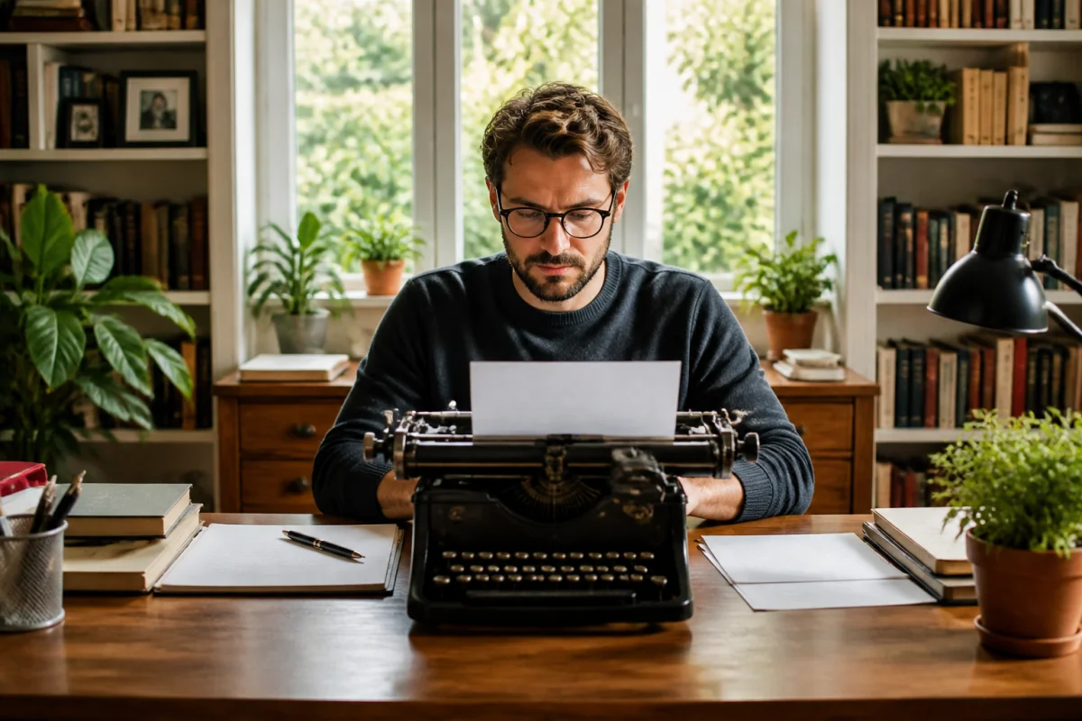 Écrivain concentré travaillant sur une machine à écrire vintage dans un bureau lumineux pour apprendre comment écrire un scénario.