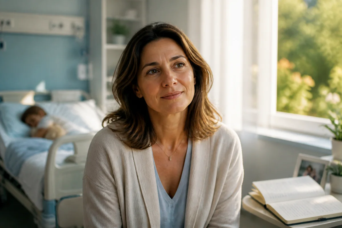 Une femme émue dans une chambre d'hôpital lumineuse, illustrant comment se termine le film La Chambre des merveilles.