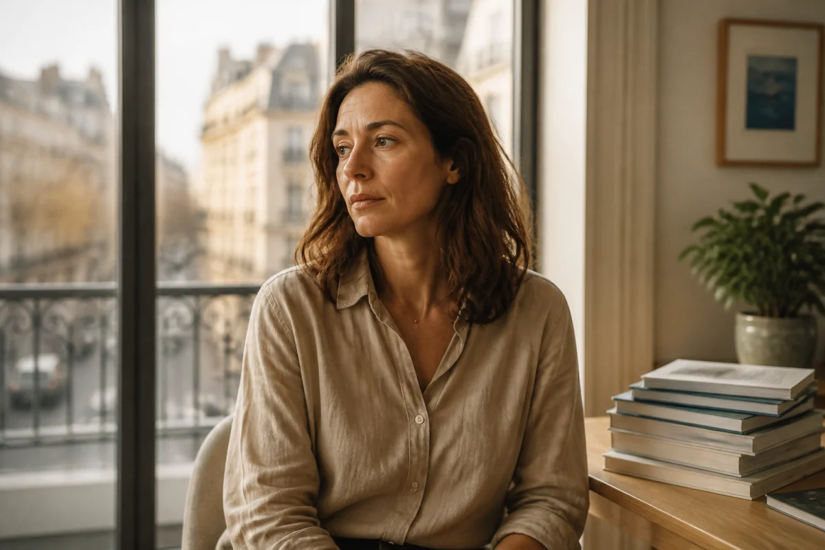Femme mélancolique et sereine dans un appartement parisien, illustrant comment se termine le film Les enfants des autres.