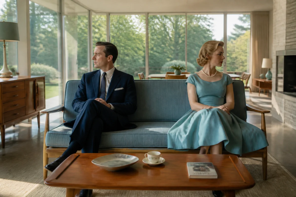 Un couple des années 1950 assis dans un salon moderne, illustrant la mélancolie de la fin des Noces rebelles.