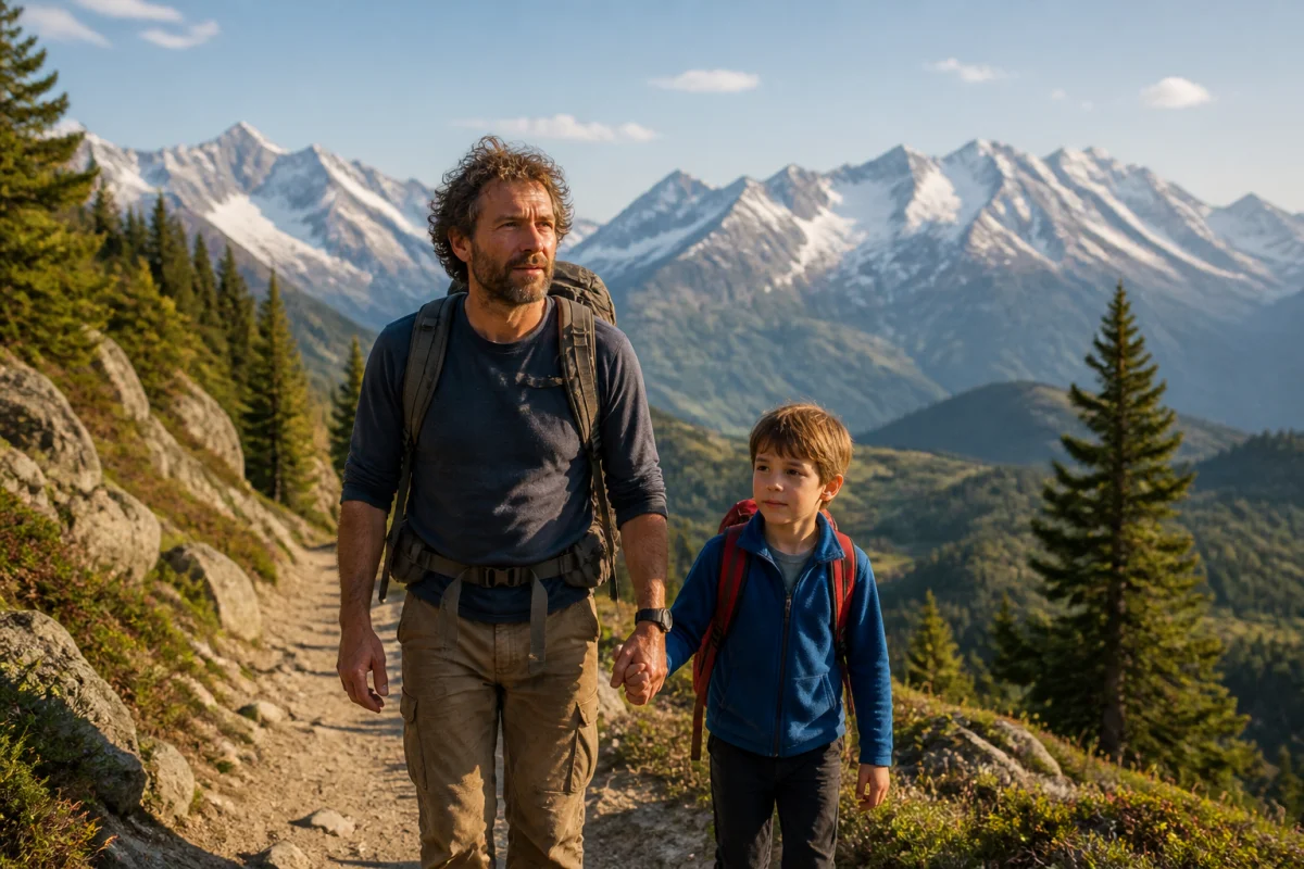 Un père soulagé retrouve son jeune fils sur un sentier de montagne, illustrant comment se termine le film Garçon.