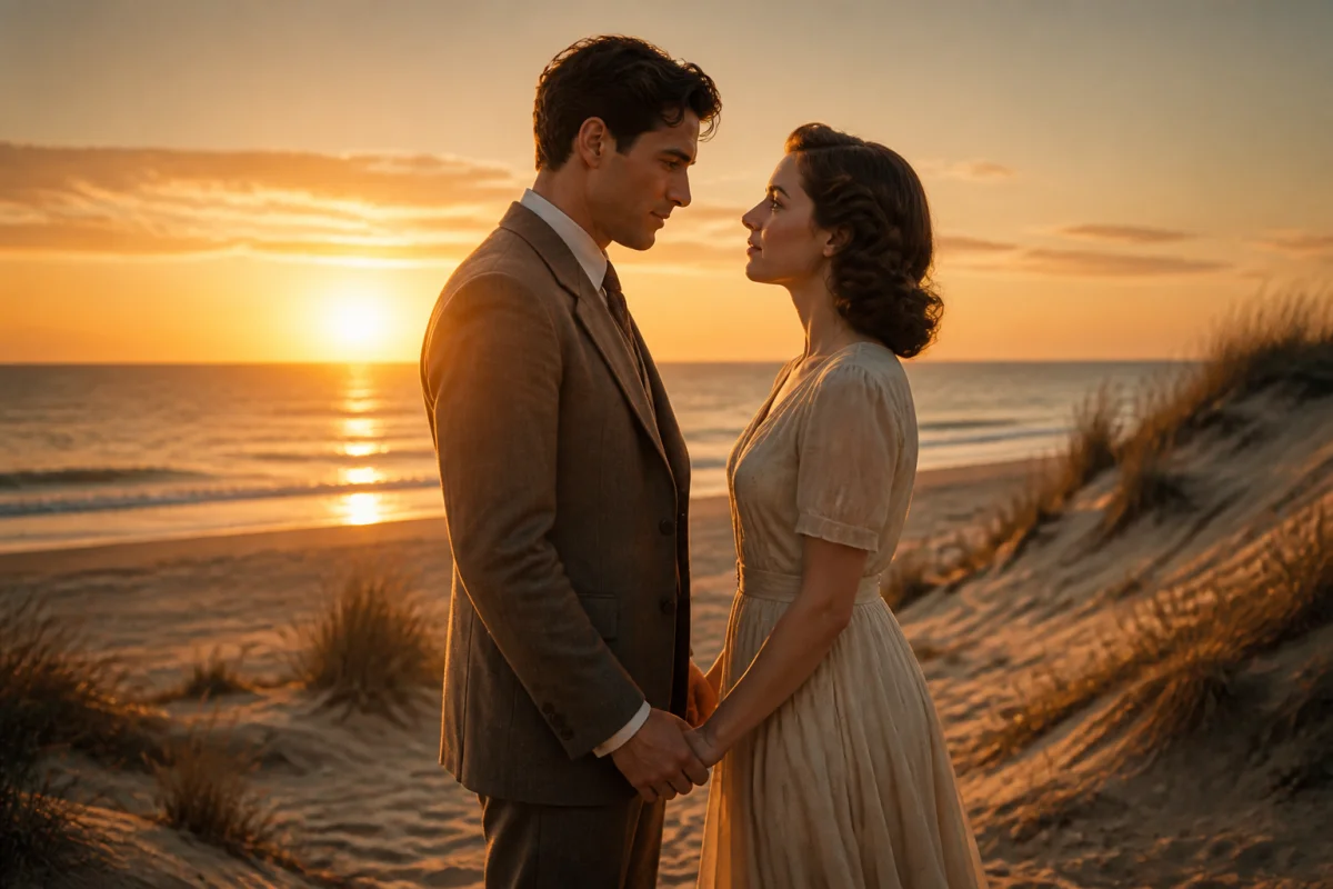 Couple en tenue vintage se tenant la main sur une plage au coucher du soleil, illustrant le film Reviens-moi.