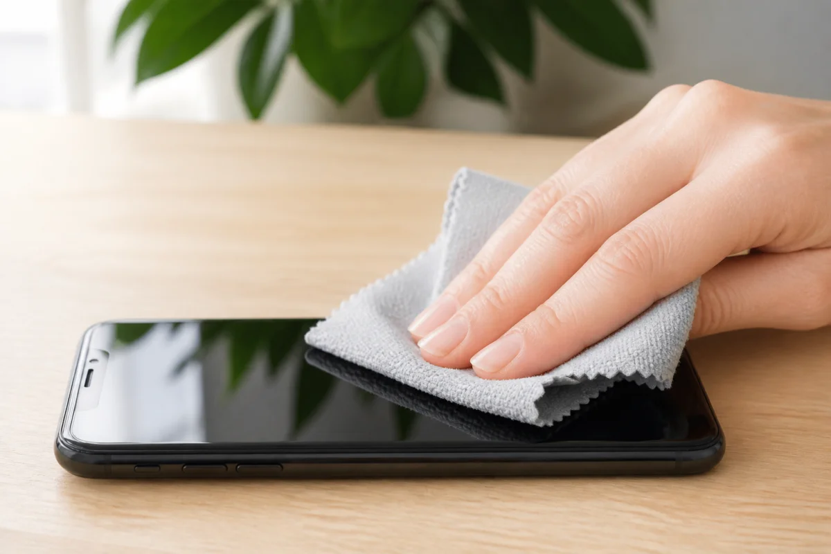 Main nettoyant délicatement l'écran d'un smartphone avec un chiffon en microfibre pour illustrer comment nettoyer son téléphone.