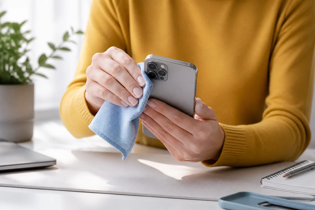 Une personne nettoie délicatement un smartphone avec un chiffon en microfibre pour illustrer comment nettoyer son téléphone.