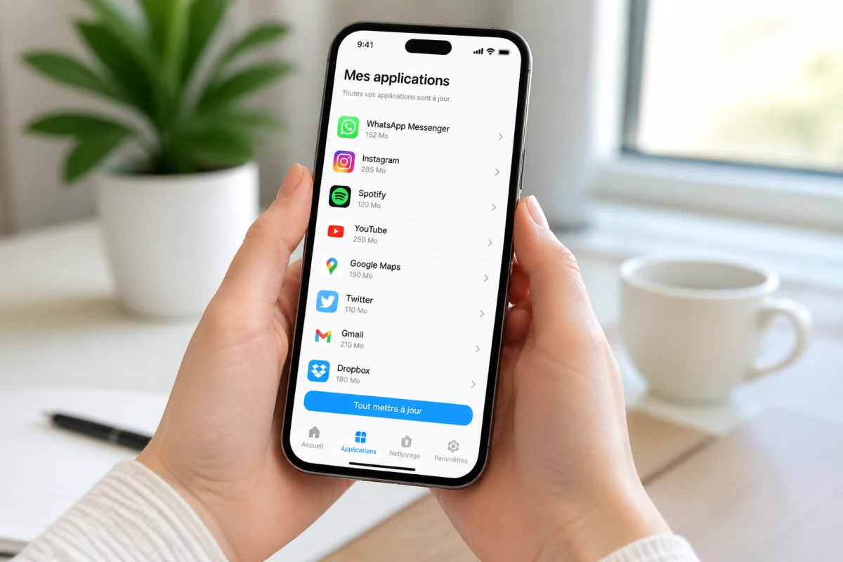 Personne tenant un smartphone moderne dans un bureau lumineux pour illustrer comment nettoyer son téléphone des virus.