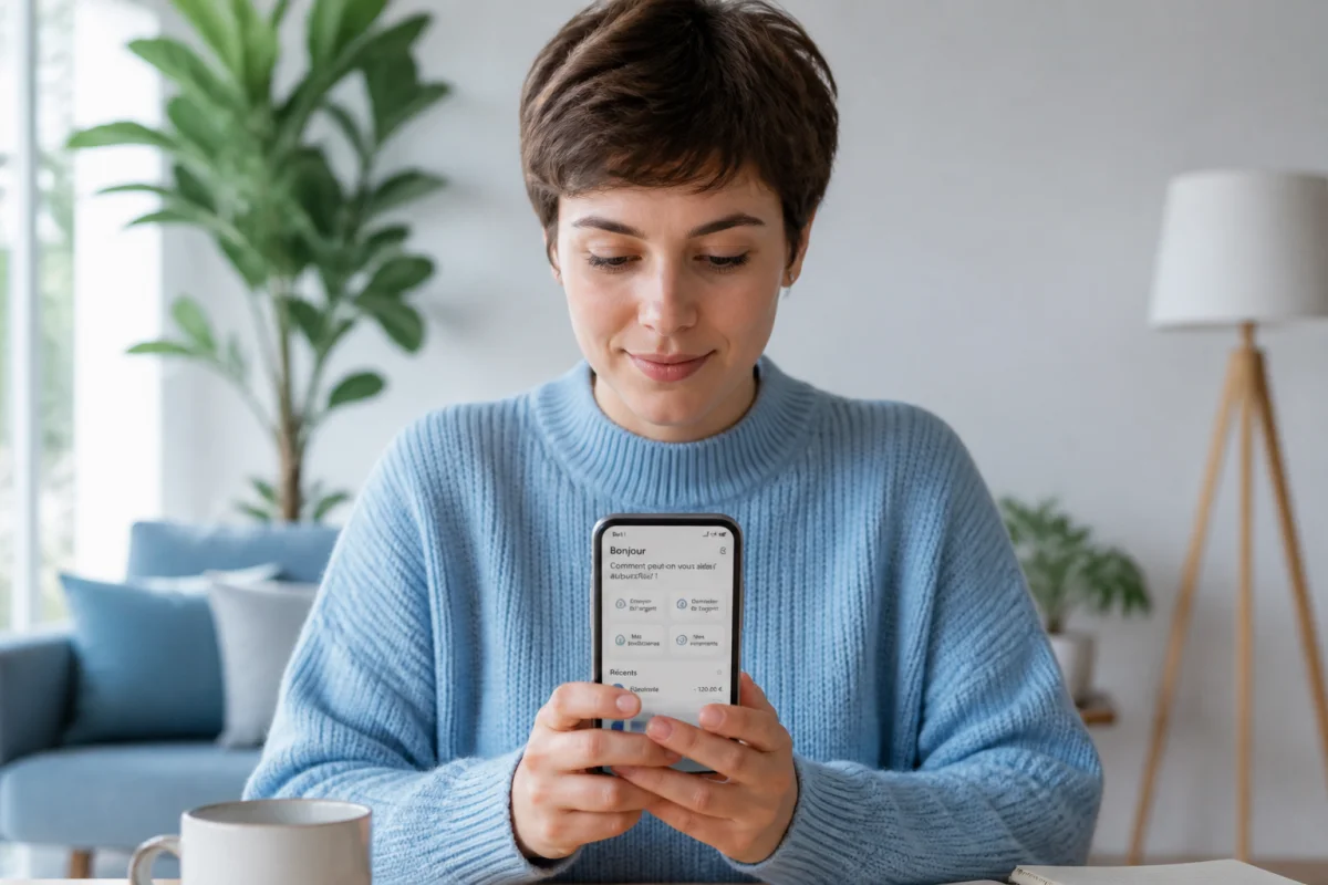 Personne concentrée tenant un smartphone dans un salon lumineux pour apprendre comment nettoyer son téléphone virus.