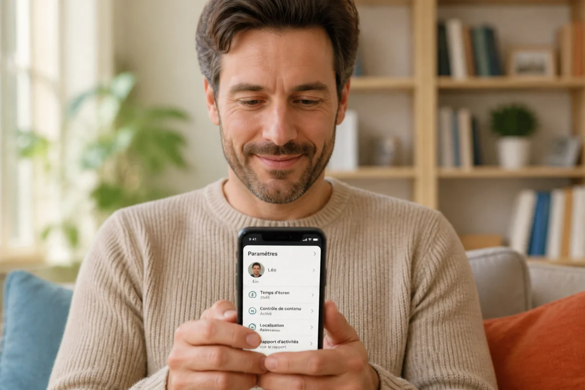 Un parent bienveillant vérifie les paramètres de sécurité sur un smartphone pour contrôler le téléphone de son enfant.
