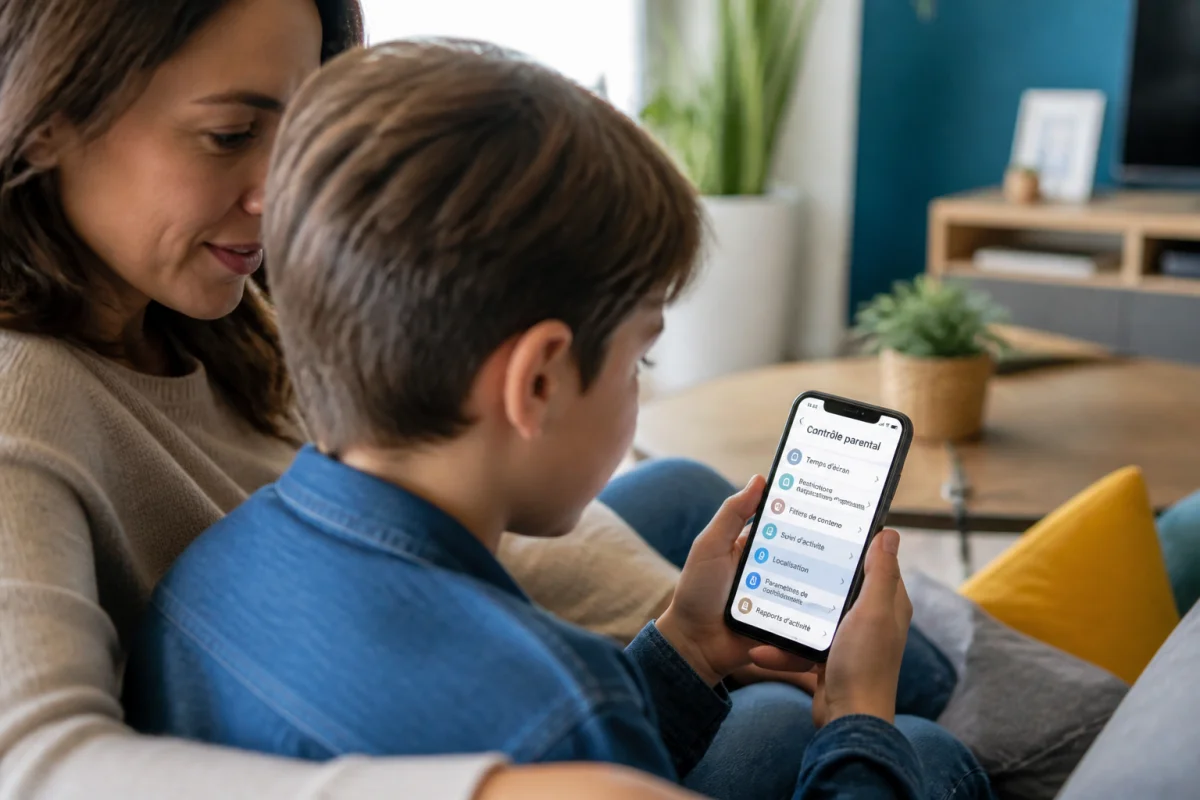 Parent bienveillant supervisant l'utilisation du smartphone par son enfant pour apprendre comment contrôler le téléphone de son enfant.